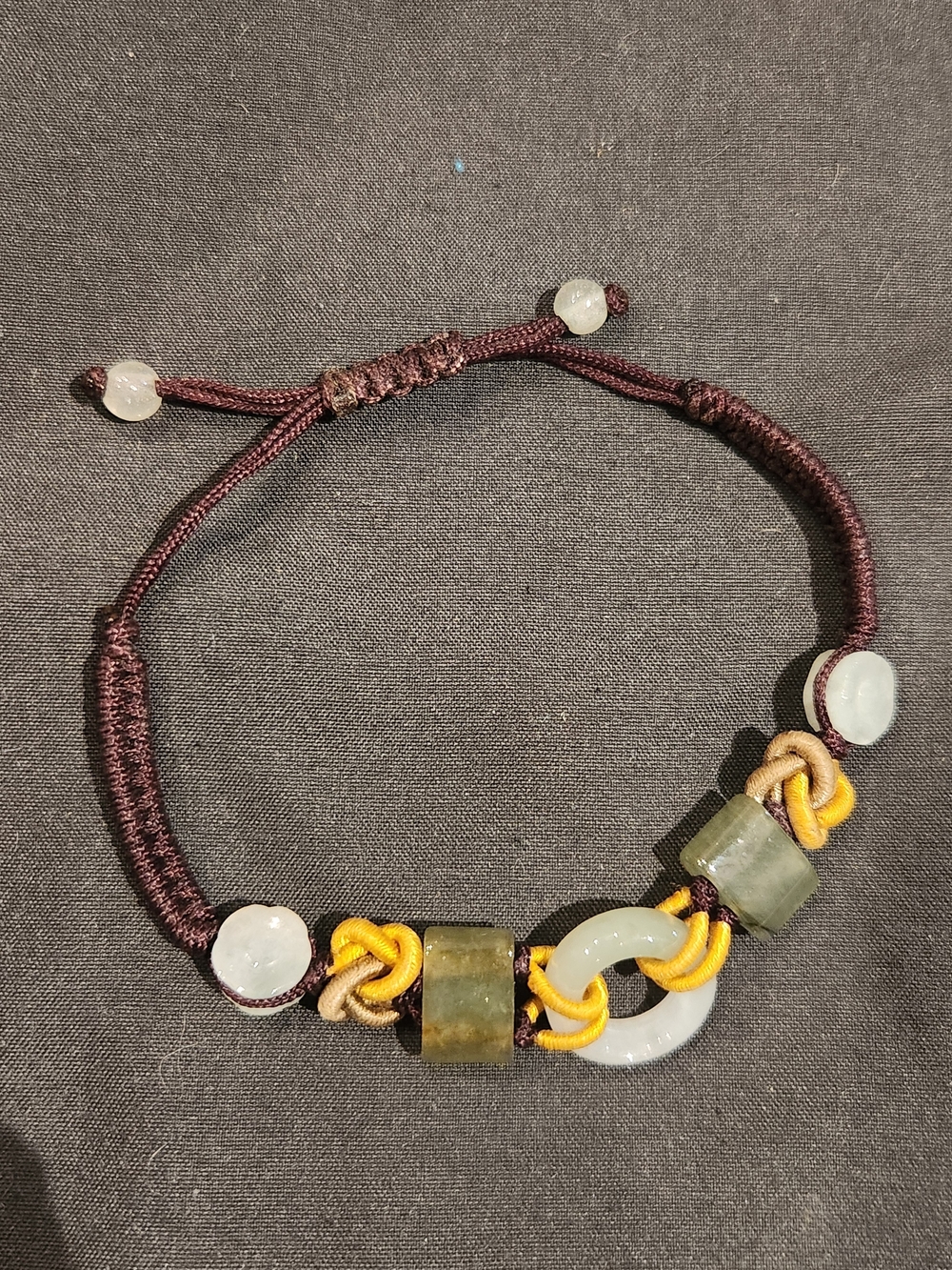 Handcrafted Green Jade Yellow Brown Cord Adjustable Bracelet